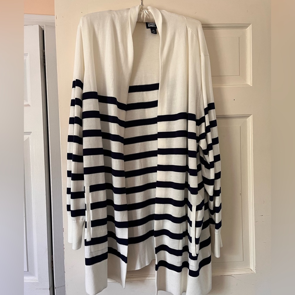 NWOT Lands' End Navy Blue and Ivory Striped Cardigan Sweater